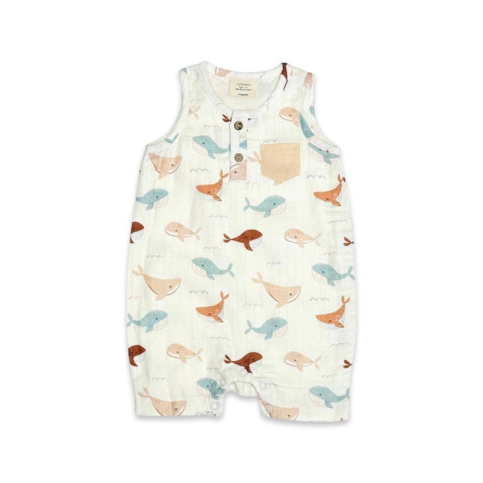 Viverano Organics - Whales Henley Baby Short Romper (Organic Muslin): 6-12M / Natural