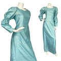 VTG 60S 70S BLUE GEOMETRIC IRIDESCENT JULIET SLEEVE PARTY MAXI DRESS M 12 14