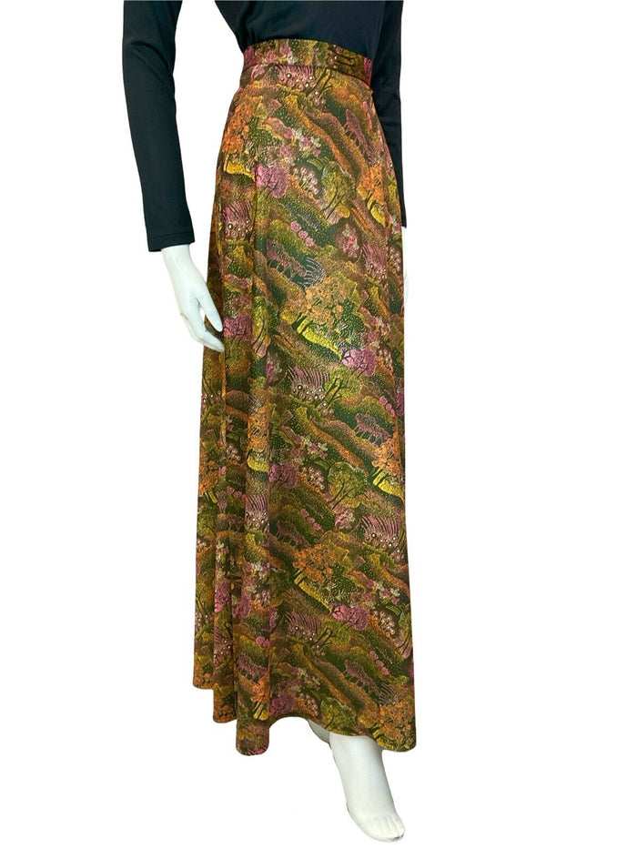 VTG 60S 70S BROWN ORANGE PINK ABSTRACT TREE PRINT MAXI SKIRT SIZE 10