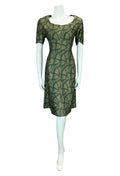 VTG 60S ART DECO FAN GOLD GREEN BLACK SHORT SLEEVE ROUNDED NECK DRESS 12