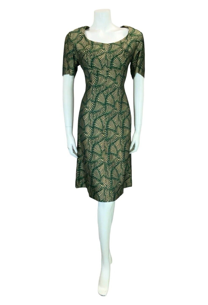 VTG 60S ART DECO FAN GOLD GREEN BLACK SHORT SLEEVE ROUNDED NECK DRESS 12