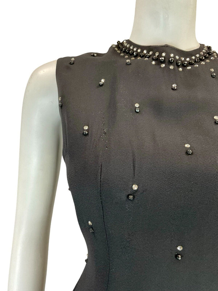 VTG 60S MOD BLACK DIAMANTE SLEEVELESS BEADED BLACK PARTY EVENING DRESS 12