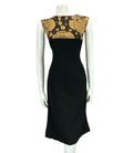 VTG 60S MOD PARTY FORM FITTING BLACK GOLD PSYCHEDELIC FLORAL SLEEVELESS DRESS 14