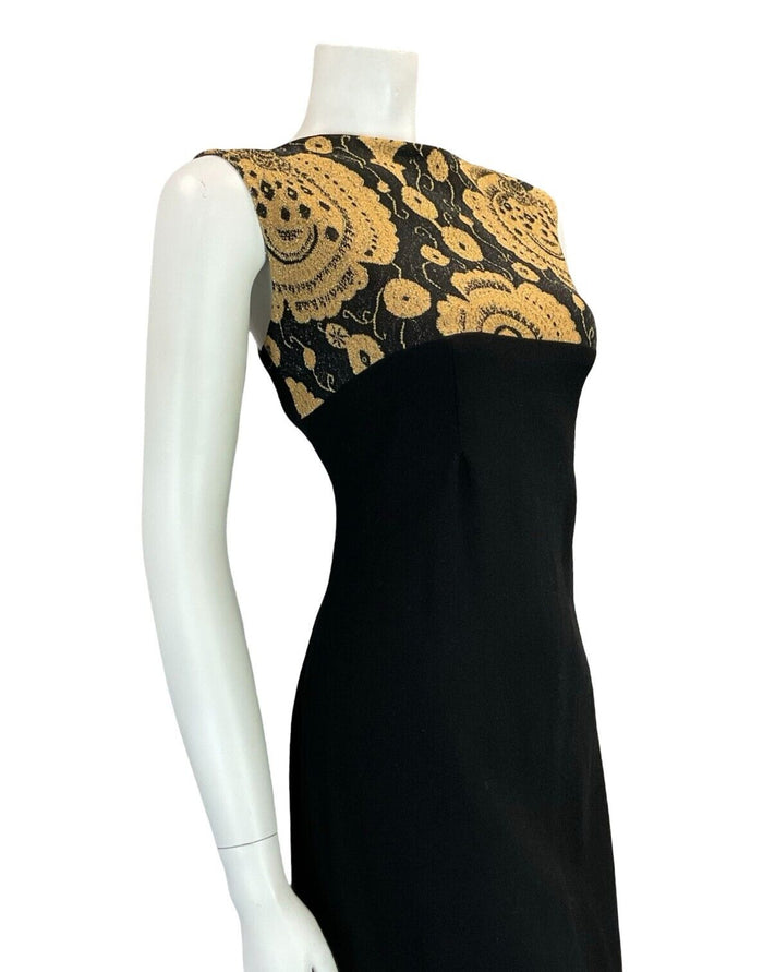 VTG 60S MOD PARTY FORM FITTING BLACK GOLD PSYCHEDELIC FLORAL SLEEVELESS DRESS 14
