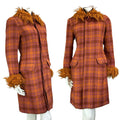 VTG 60S MOD PINK ORANGE FAUX FUR CHECKED TARTAN COAT SIZE 10 12