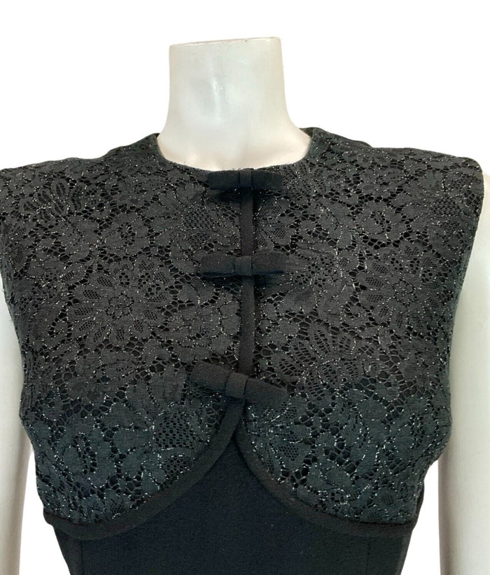 VTG 60S MOD TAILORED DAINTY GLITTERY LACE BOW SLEEVELESS BLACK PARTY DRESS 10