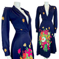 VTG 70S NAVY PINK GREEN FLORAL PLUNGING LONG SLEEVE SHIRT DRESS 6