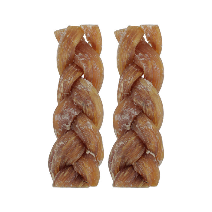Two Wild Eats Braided Paddywack natural dog chews by Wild Eats, featuring twisted rawhide in light brown with white powder, are placed side by side on a white background for a long-lasting chew experience.