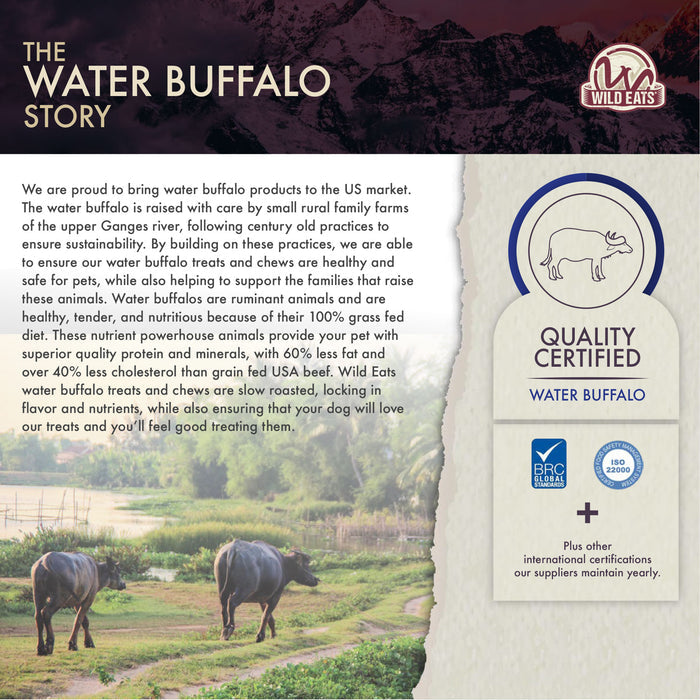 Informational graphic featuring Wild Eats Braided Paddywack, a natural dog chew. Includes a quality certified badge with buffalo art, benefits like long-lasting chew, BRCGS and ISO 22000 certifications, rustic background, and Wild Eats logo.