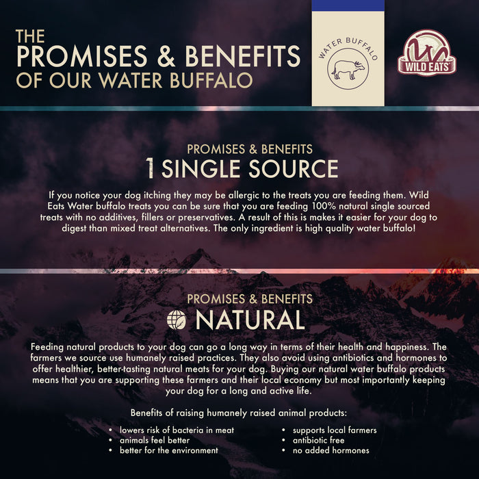 An informational flyer, The Promises & Benefits of Our Water Buffalo, features Wild Eats Braided Paddywack—a natural, long-lasting dog chew from Wild Eats that’s single source, low bacteria, antibiotic/hormone free, and supports local farmers.