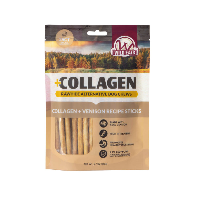 A package of Wild Eats Collagen Venison Recipe Sticks by Wild Eats is shown in a tan and clear bag, displaying the protein-rich collagen dog chews inside with benefits listed on the front.