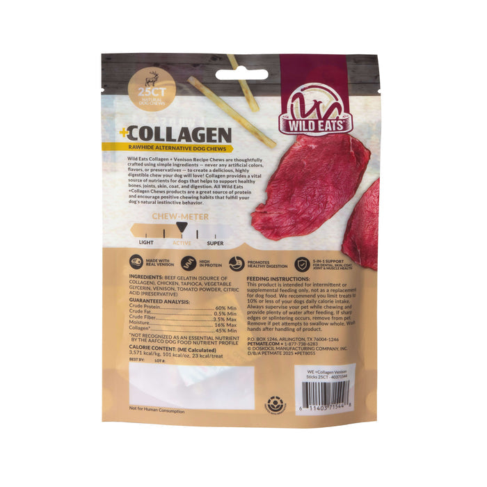 Back of a Wild Eats Collagen Venison Recipe Sticks bag, showing protein-rich dog treats. The package highlights +Collagen rawhide alternative chews, ingredients, feeding instructions, chew meter, images of sticks, and Wild Eats branding.