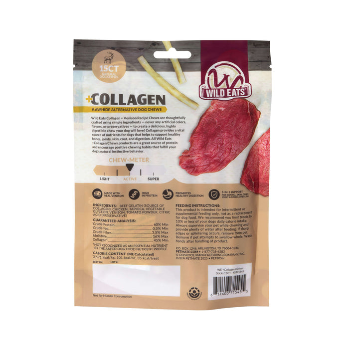 Back view of Wild Eats Collagen Venison Recipe Sticks package, showing product info, ingredients, feeding guidelines, nutrition facts, and images of the protein-rich chews on a brown bag with red and white accents.