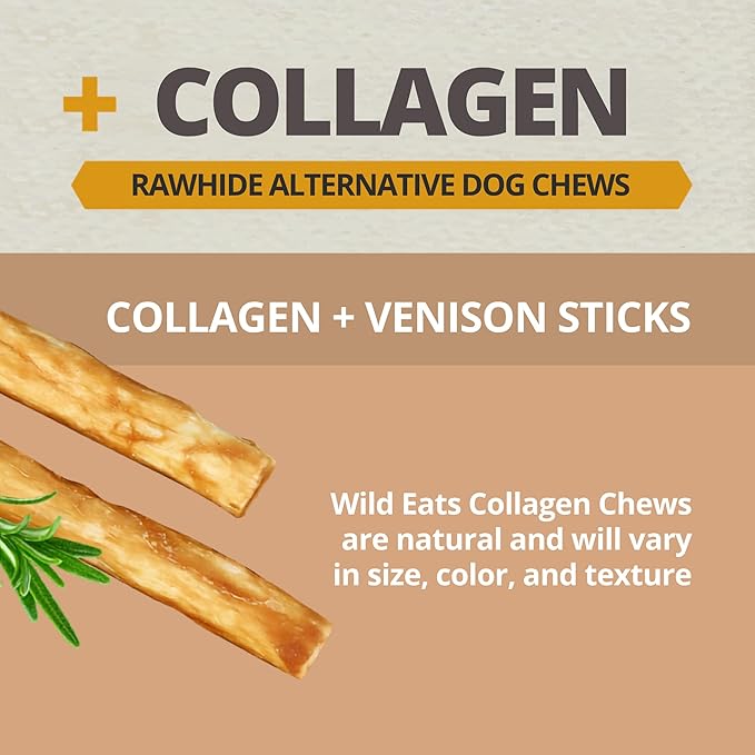 Two Wild Eats Collagen Venison Recipe Sticks are shown on a tan background. These natural, protein-rich dog chews by Wild Eats vary in size, color, and texture.