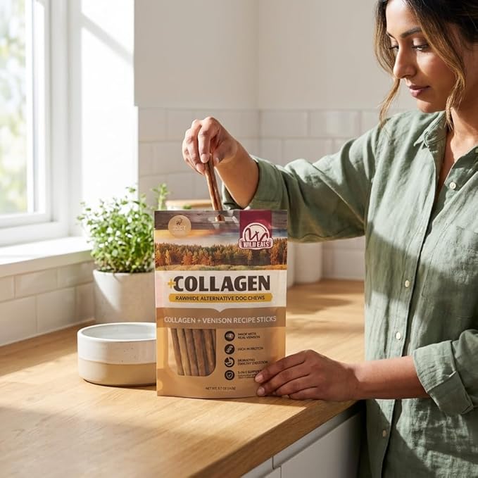 A woman in a green shirt stands in a bright kitchen, holding a bag of Wild Eats Collagen Venison Recipe Sticks and taking out a dog treat, with a dog bowl and potted plant on the counter nearby.