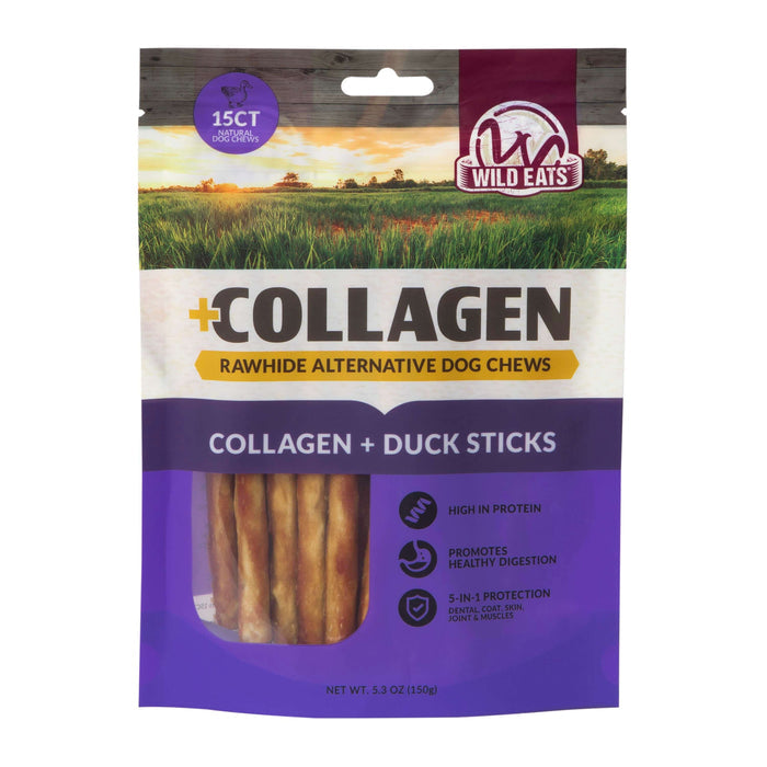 A 5.3 oz (150 g) bag of Wild Eats Duck Flavor Collagen Long Lasting Dog Chew Sticks, high-protein treats that promote digestion and offer 5-in-1 protection. From the brand Wild Eats.