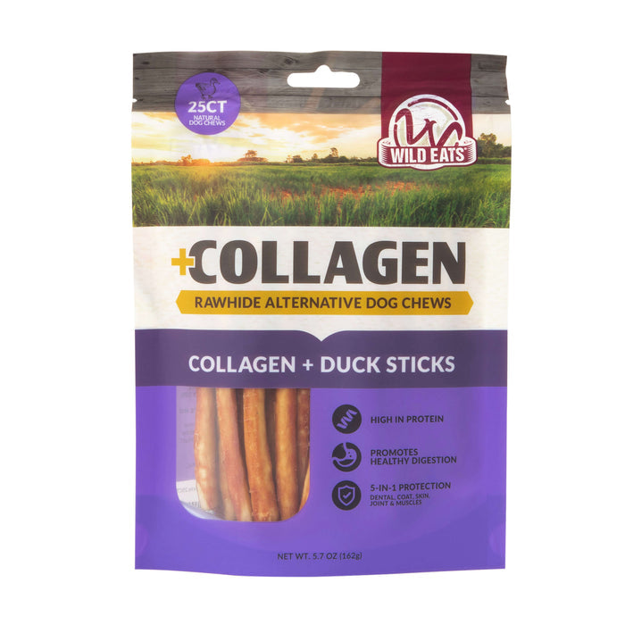 A 5.7 oz (162g) bag of Wild Eats Duck Flavor Collagen Long Lasting Dog Chew Sticks, a rawhide alternative featuring high protein and healthy digestion benefits. Treats are visible through the purple packaging. Brand: Wild Eats.