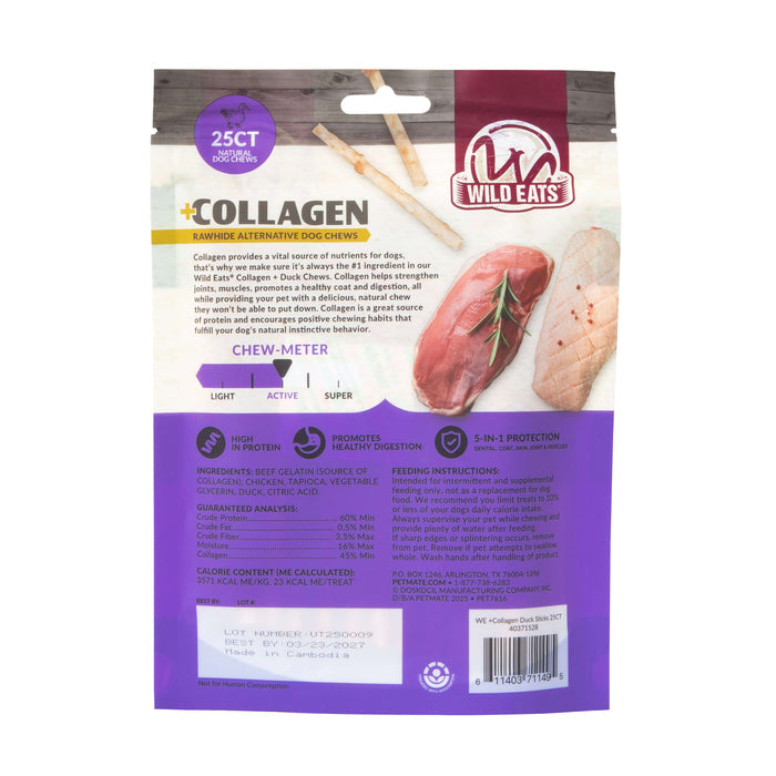 A package of Wild Eats Duck Flavor Collagen Long Lasting Dog Chew Sticks displays product details, benefits, a chew meter, and images of duck-flavored chews. The purple and white packaging includes a hanging cutout.