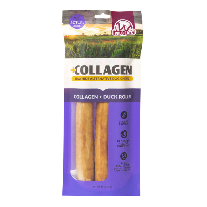 Wild Eats Duck Flavored Collagen Retriever Adult Rolls by Wild Eats are rawhide alternative dog treats, high in protein, that support digestion and skin health. The purple and white pack includes two tasty duck-flavored chews.