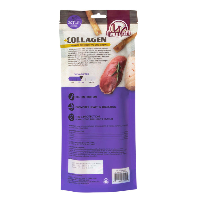 Back of a Wild Eats Duck Flavored Collagen Retriever Adult Rolls package, showing product info on collagen dog treats, chew meter, and benefits like high protein and healthy digestion on a purple and brown background.