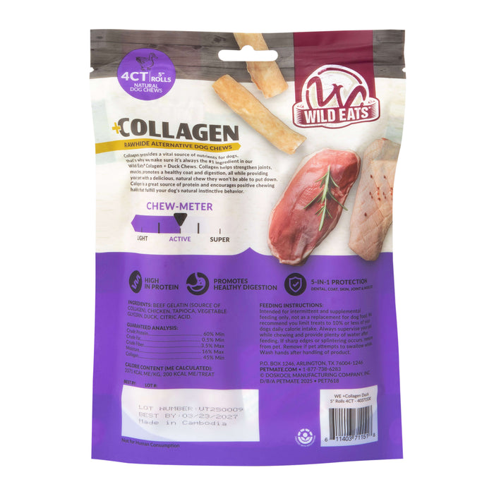 Back of a Wild Eats Duck Flavored Collagen Retriever Adult Rolls package shows product info, feeding instructions, nutrition facts, and images of collagen dog treats with raw meat on a purple background featuring Wild Eats branding.
