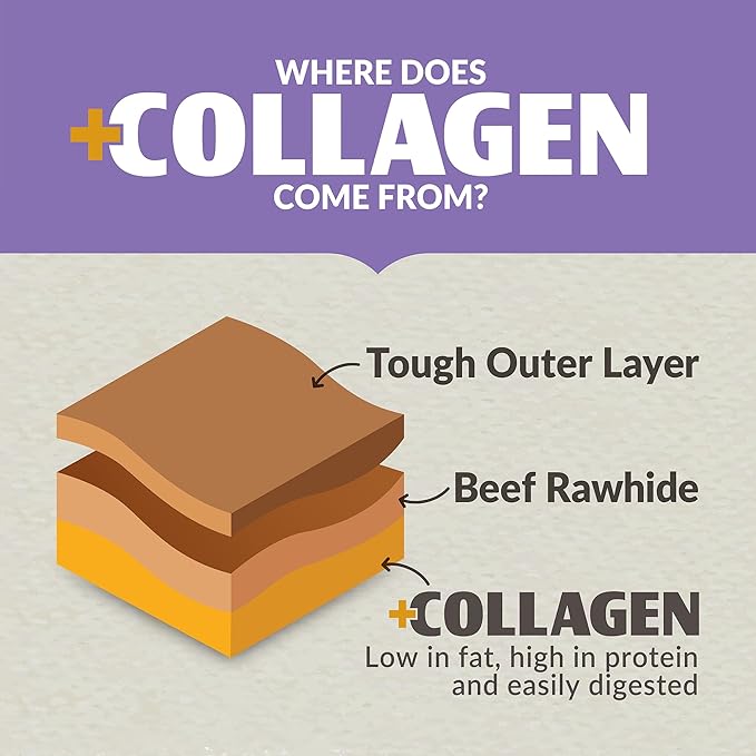 Infographic showing the sources of Wild Eats Duck Flavored Collagen Retriever Adult Rolls: Tough Outer Layer, Beef Rawhide, +Collagen—low fat, high protein, easy to digest. Great for flavorful treats or tasty chews from Wild Eats.