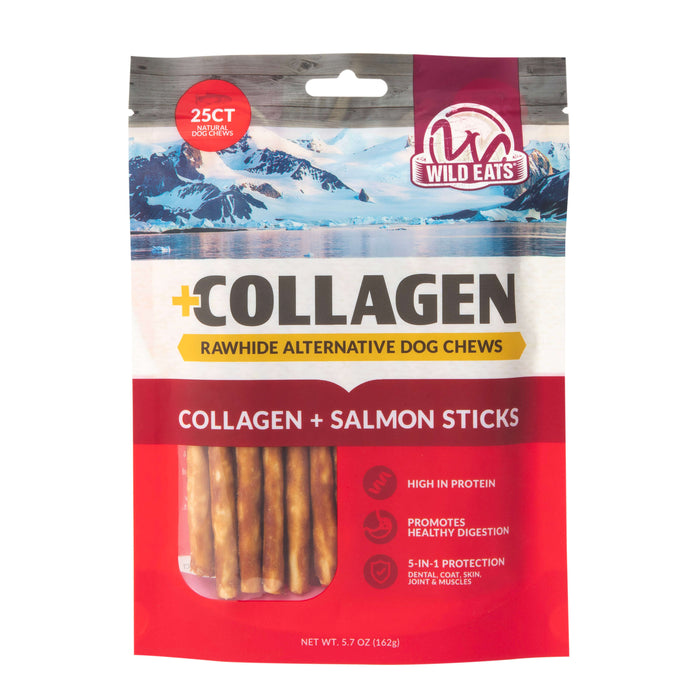 Wild Eats Salmon Flavor Collagen Long Lasting Dog Chew Sticks by Wild Eats offer 25 easily digestible dog chews in red and white packaging with mountain graphics, highlighting product benefits.