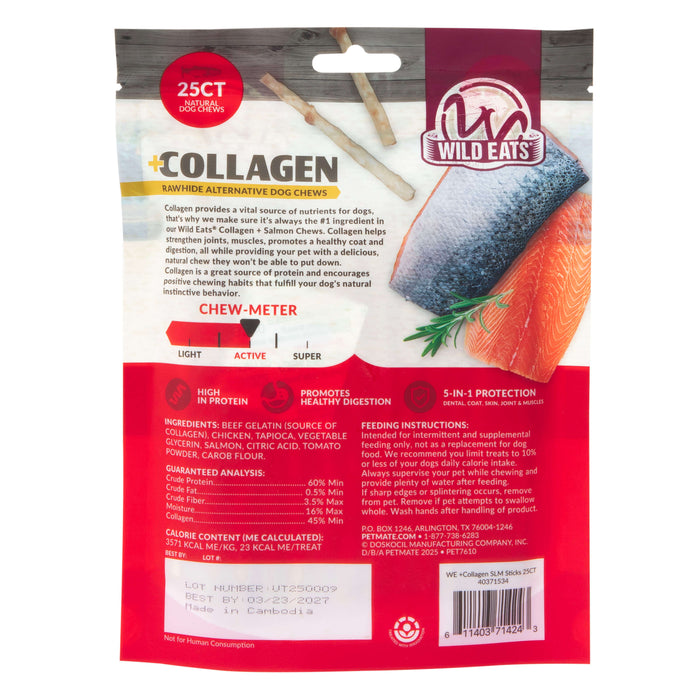 A package of Wild Eats Salmon Flavor Collagen Long Lasting Dog Chew Sticks features a salmon graphic, highlights high protein and digestibility, and displays feeding instructions, ingredients, and a chew-meter on the front.
