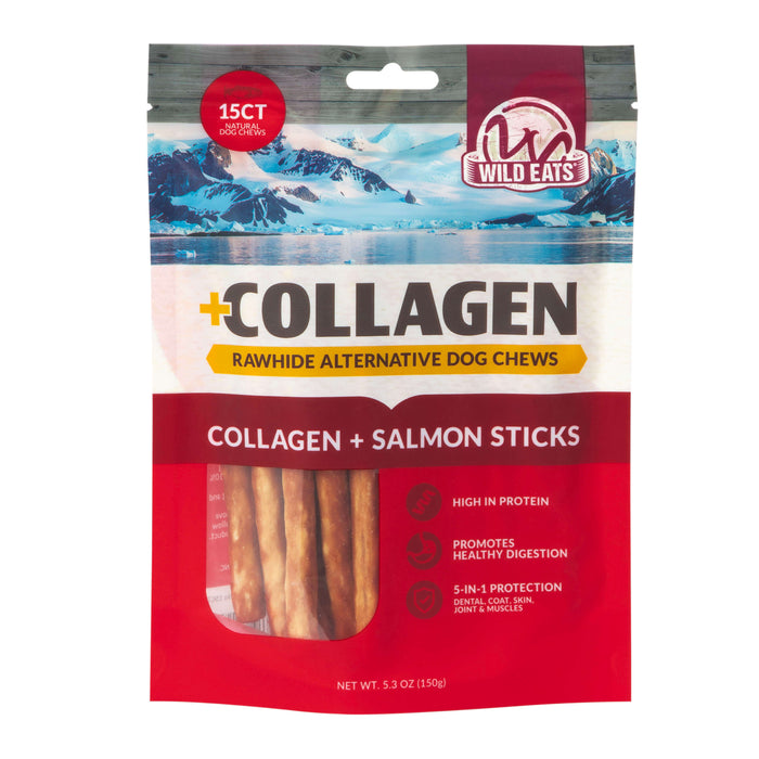 Wild Eats Salmon Flavor Collagen Long Lasting Dog Chew Sticks are high-protein, salmon-flavored treats that promote healthy digestion and offer 5-in-1 protection for your dog’s well-being.