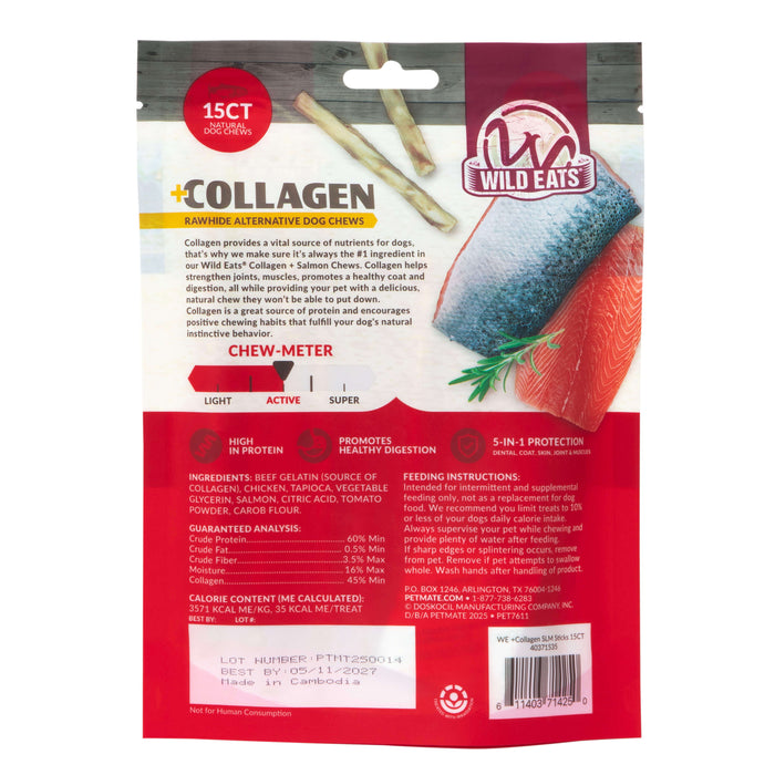 Back of a Wild Eats Salmon Flavor Collagen Long Lasting Dog Chew Sticks package, highlighting benefits, digestibility, ingredients, feeding instructions, nutrition facts, and a chew meter for dogs. Brand: Wild Eats.