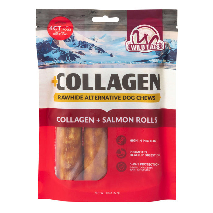Wild Eats Salmon Flavored Collagen Retriever Adult Rolls come in red and white mountain-themed packaging with a window showing the rolls. These long-lasting, easily digestible dog treats are made by Wild Eats.