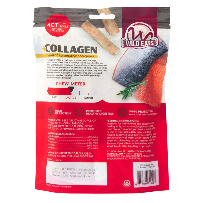 Back of a Wild Eats Salmon Flavored Collagen Retriever Adult Rolls package, displaying product info, benefits, ingredients, feeding directions, and chew meter. Red and white packaging shows salmon-flavored collagen chews by Wild Eats.