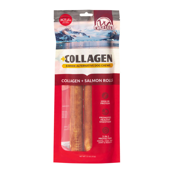 A red and white bag of Wild Eats Salmon Flavored Collagen Retriever Adult Rolls shows three chews inside and highlights benefits like high protein, healthy digestion, and joint support.
