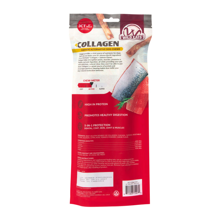 A red and white pack of Wild Eats Salmon Flavored Collagen Retriever Adult Rolls features salmon imagery and key benefits: high protein, healthy digestion, 5-in-1 protection, and long-lasting chews for adult dogs.
