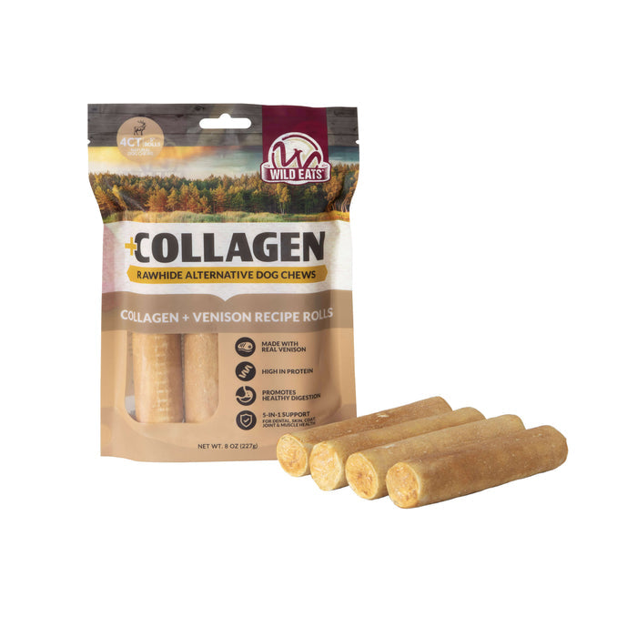A bag of Wild Eats Venison Flavor Collagen 5" Retriever Style Cheek Rolls (4-Pack) is shown, featuring four long-lasting dog chews. The brown and tan package highlights collagen and venison flavor among its ingredients.