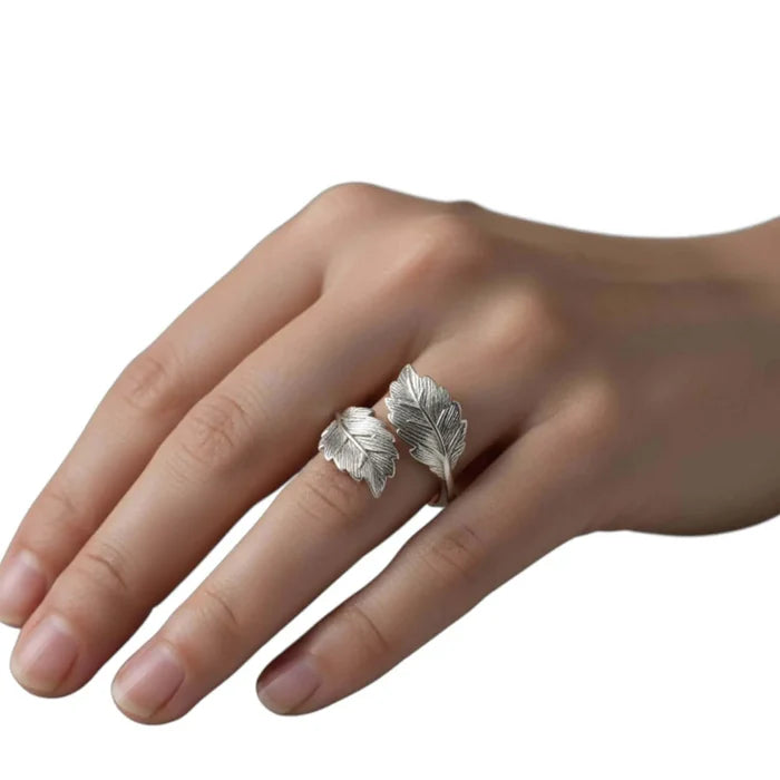 Women's Silver Double Leaf Wrap Ring with textured leaf detail and adjustable open band boho nature inspired style