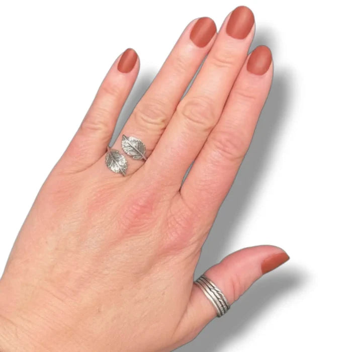 Women's Silver Double Leaf Wrap Ring with textured leaf detail and adjustable open band boho nature inspired style