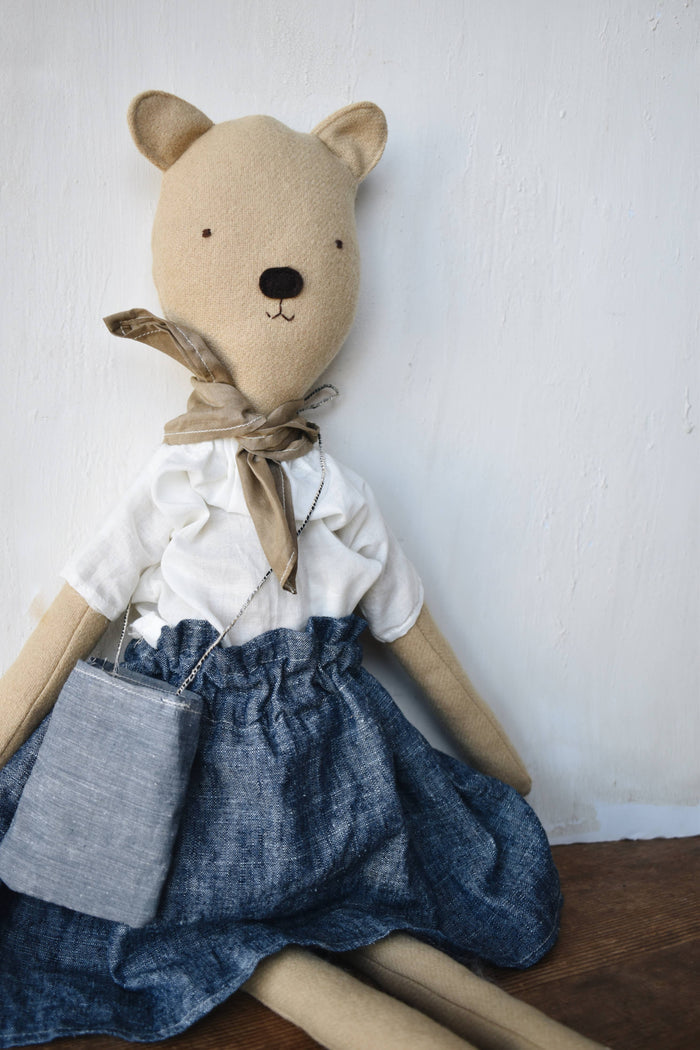 Woolgrass Farm - Agatha the Bear Doll- Chambray skirt