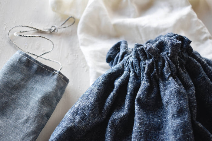 Woolgrass Farm - Agatha the Bear Doll- Chambray skirt