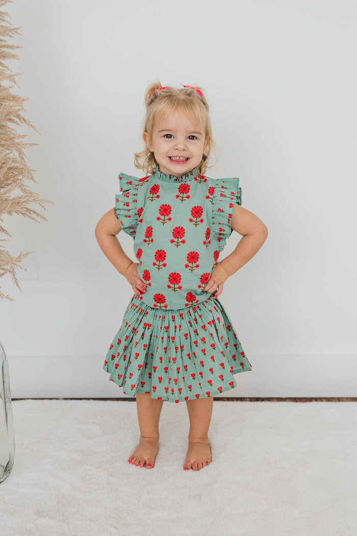 Yo Baby - Green Floral Neck Ruffle Top & Skorts Set: 6-9 month