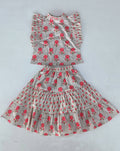 Yo Baby - Pink Floral Neck Ruffle Top & Tiered Skirt Set: 3YEAR